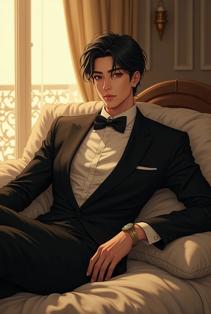 (photorealism:1.2), handsome anime man, sitting on bed, wearing tuxedo, indoors, soft lighting, window with sunlight, cozy room, relaxed pose, realistic, intricate details, warm colors, by Greg Rutkowski, by Alphonse Mucha