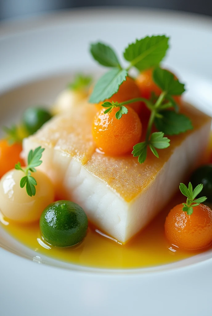 deconstruction of blonde sea bass ceviche with lime gel, dried fruit praline, Tiger's milk and cilantro spheres