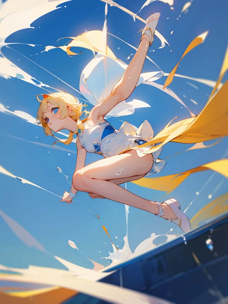 (1girl),A cute girl 19 years old, blonde, blue eyes, cute, angelical, russian, gymnastic , splash art
