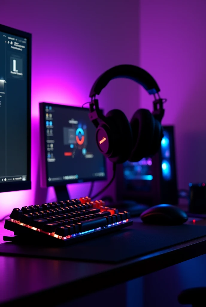pc gamer, 2 black monitors, gaming keyboard, 1 mouse, headphones, gabinete gamer.
rgb violet.
