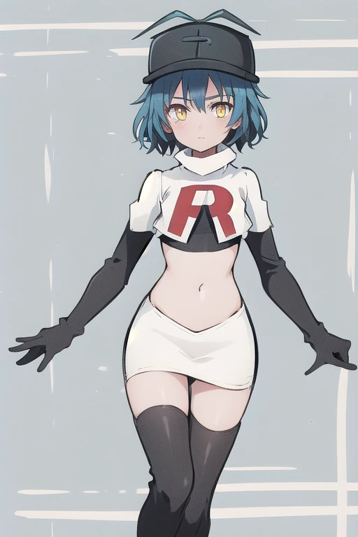 best quality, (masterpiece:1.2), illustration, absurdres, (1girl), (beautiful detailed girl),
Millium Orion, blue hair, short hair, antenna hair, ahoge, yellow eyes,  flat chest,
black hat, headwear,
team rocket,team rocket uniform,white skirt,red letter R,crop top,black thigh-highs,black elbow gloves, 
looking at viewer,