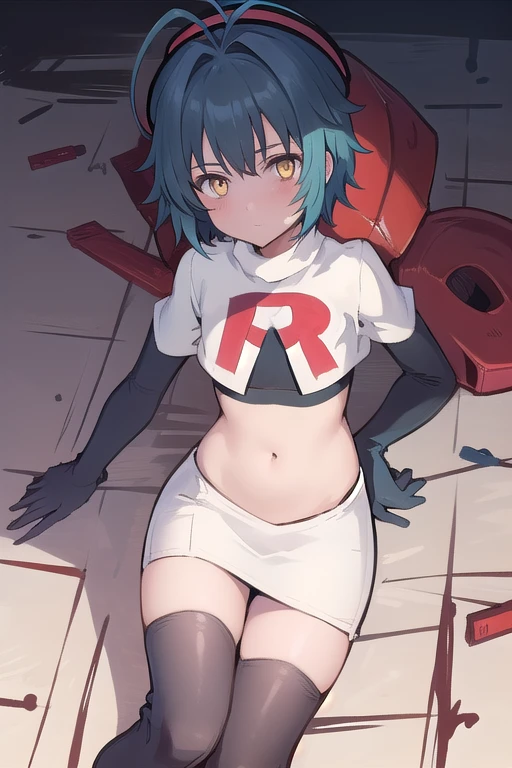 best quality, (masterpiece:1.2), illustration, absurdres, (1girl), (beautiful detailed girl),
Millium Orion, blue hair, short hair, antenna hair, ahoge, yellow eyes,  flat chest,
black hat, headwear,
team rocket,team rocket uniform,white skirt,red letter R,crop top,black thigh-highs,black elbow gloves, 
looking at viewer,