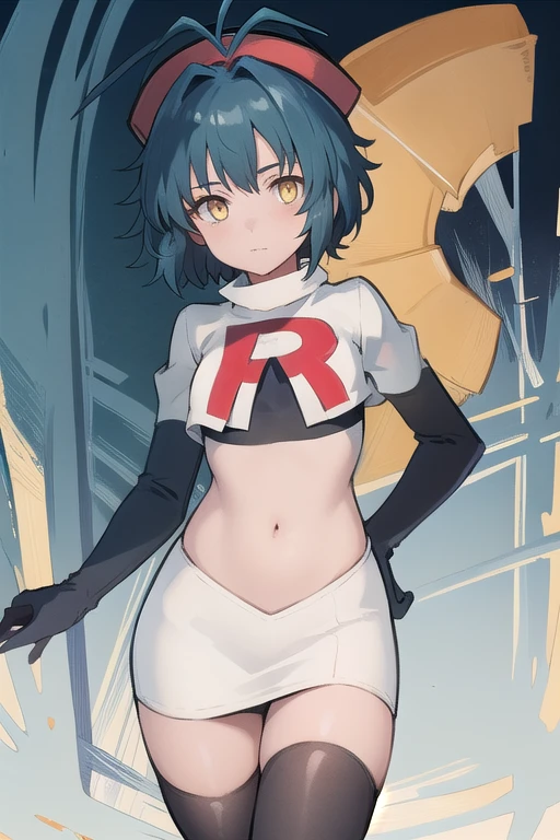 best quality, (masterpiece:1.2), illustration, absurdres, (1girl), (beautiful detailed girl),
Millium Orion, blue hair, short hair, antenna hair, ahoge, yellow eyes,  flat chest,
black hat, headwear,
team rocket,team rocket uniform,white skirt,red letter R,crop top,black thigh-highs,black elbow gloves, 
looking at viewer,