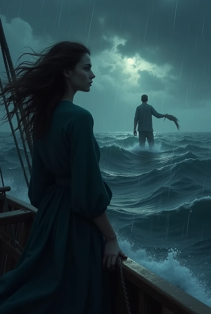  A woman is sailing on a ship on a dark night while it is raining, she is watching the sea, her hair is wavy. A young man is watching that woman from afar, he is reaching out to the sea with a scarf in his hand. 