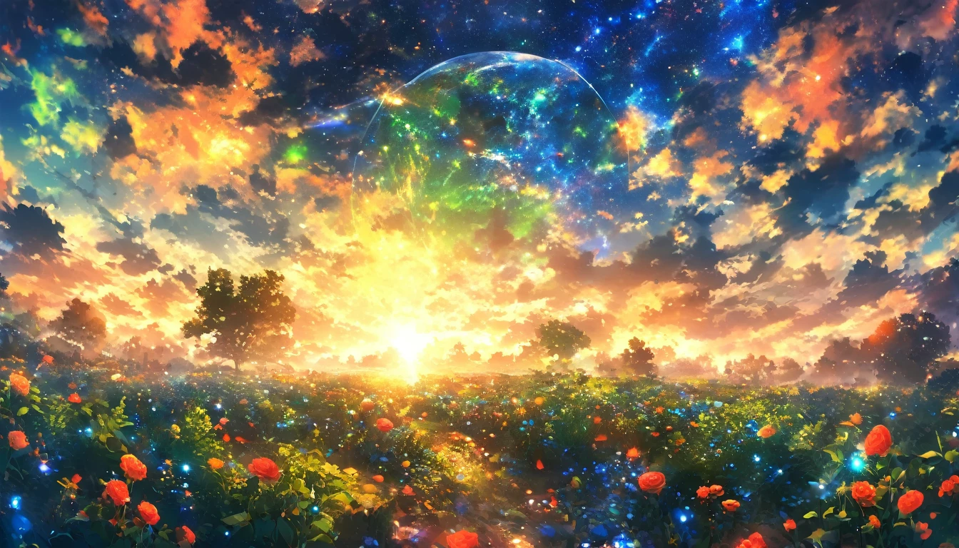 masterpiece, Concept Art, Panorama, in the center, shape, Wide Shot, garden, night, (meteor), Space galaxy background, (Great composition, Epic Scale), Dynamic Lighting, Bright colors, Blue rose,Landscape Long Eyelashes, Round eyes, Silver Hair, Half-closed eyes, sad, Cast a Shadow, Anaglyph, Stereogram, tachi-e, Atmospheric perspective, Wide Shot, reflected light, 8k, Super Detail, Highest quality, Anatomically correct, green