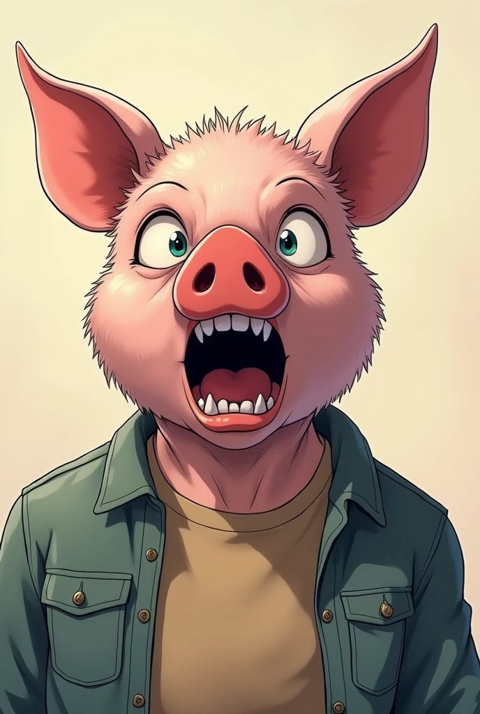 handsome young man wearing a pig mask, No higher, angry, screaming, He ran off, Very detailed, Complex details, Pastel colors, anime style, Manga