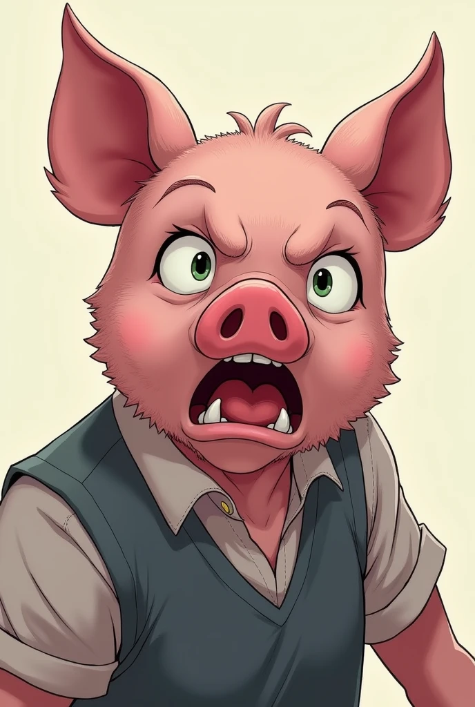 handsome young man wearing a pig mask, No higher, angry, screaming, He ran off, Very detailed, Complex details, Pastel colors, anime style, Manga