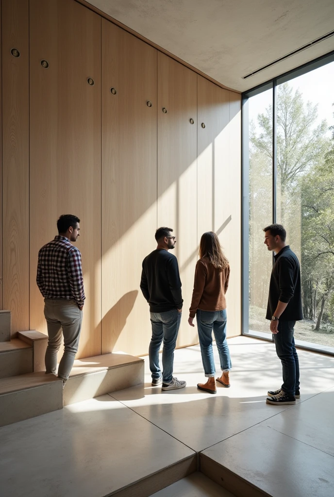 an architectural studio with 3 architects, 1 latino, 1 Spanish and 1 Asian, the 3 working as architects