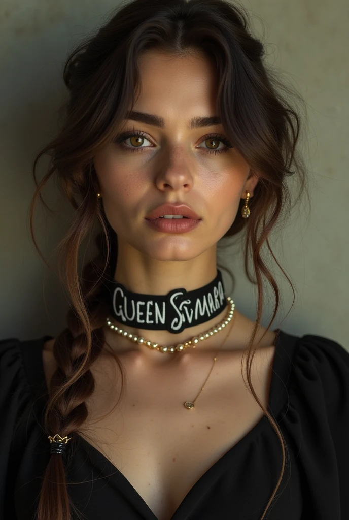 young adult woman wearing a collar with the name queen samara written on it