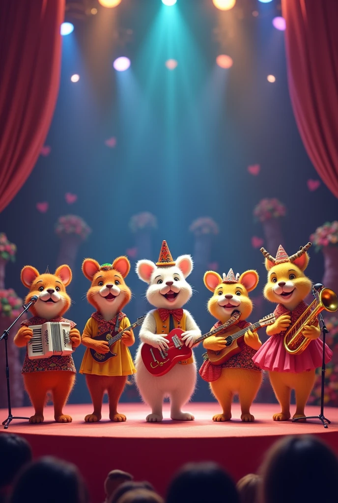 A row of animated animals singing on a stage, very cheerful dresses, with musical instruments such as accordion, maracas, guitar, trumpet and harp 