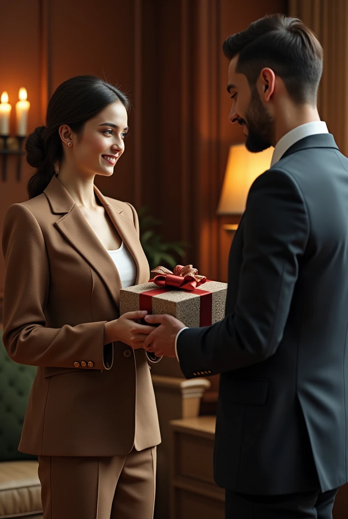 Girl in brown suit given to a gentleman