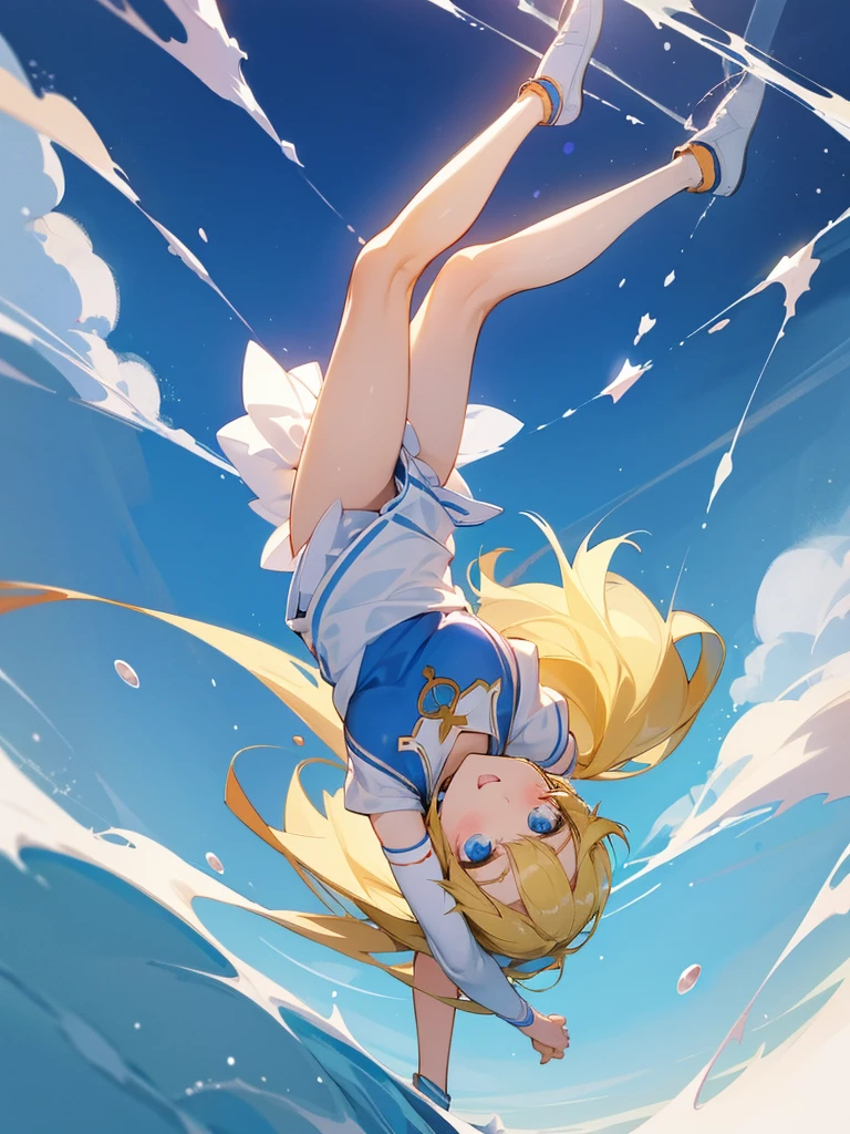 (1girl),A cute loli girl 19 years old, blonde, blue eyes, cute, angelical, russian, gymnastic , splash art 
