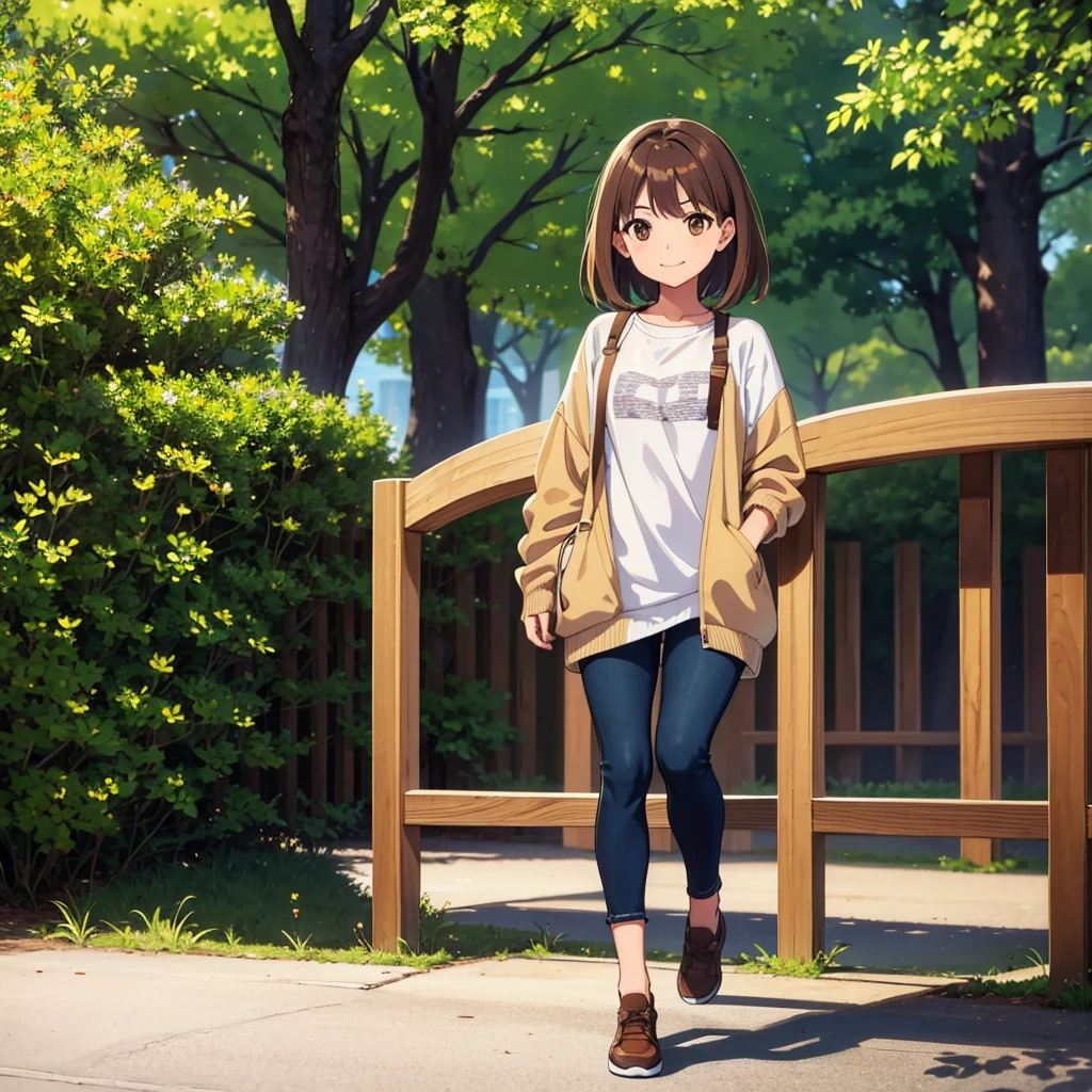 A young woman, quite short, with brown eyes, brown fringed hair, she's wearing casual, fit and toned, full body picture,with a shy smile onto her face, she's alone in the picture, and she's at the park