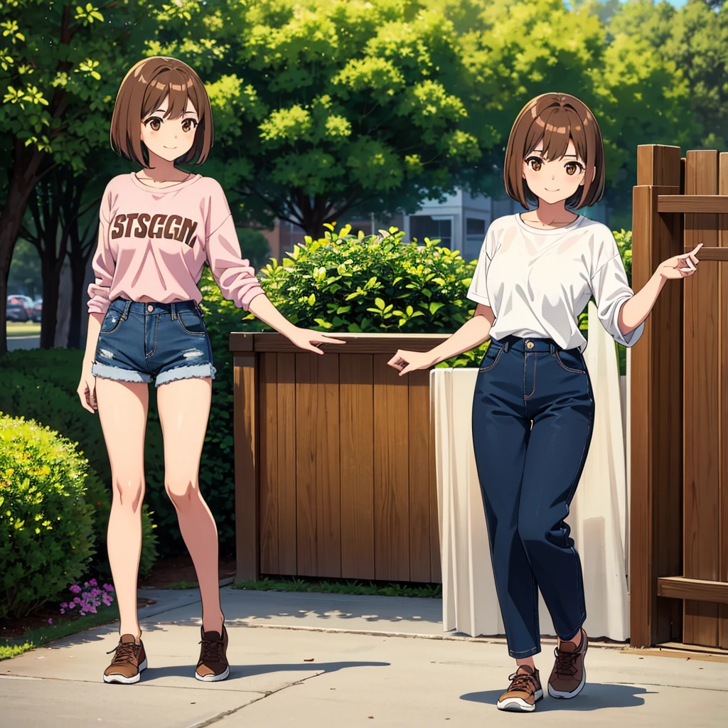 A young woman, quite short, with brown eyes, brown fringed hair, she's wearing casual, fit and toned, full body picture,with a shy smile onto her face, she's alone in the picture, and she's at the park