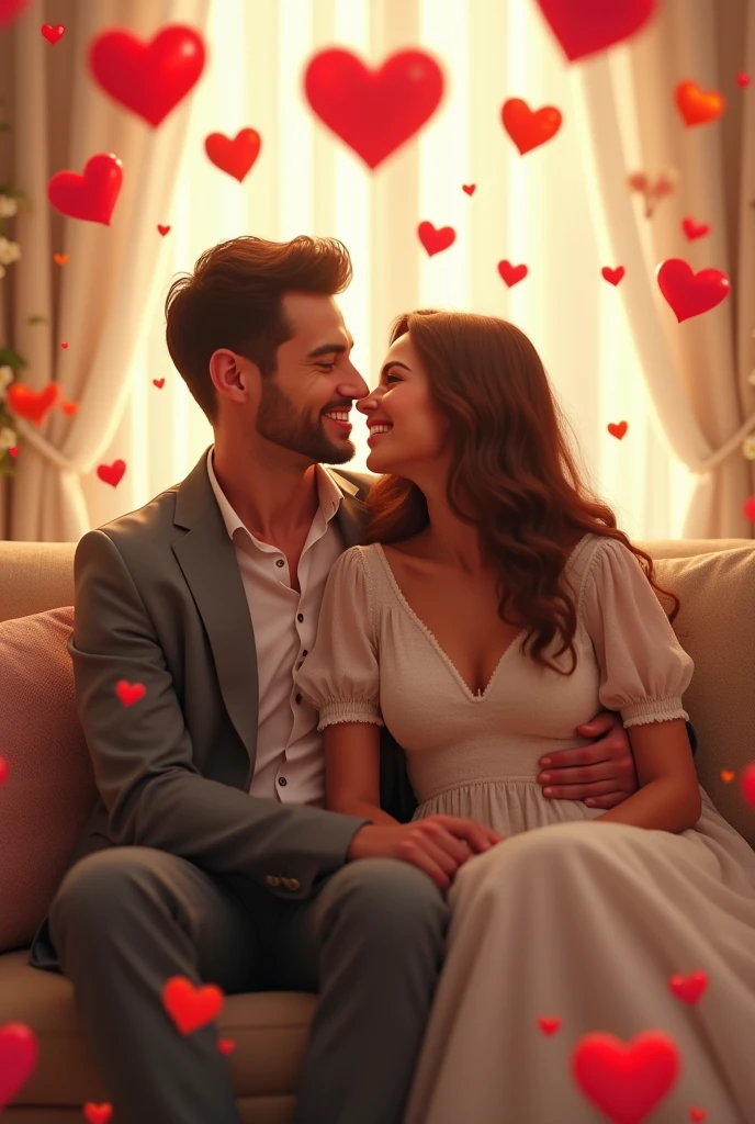 Two cute married beutiful couple sitting with each other and smile lots of love emoji (realistic)