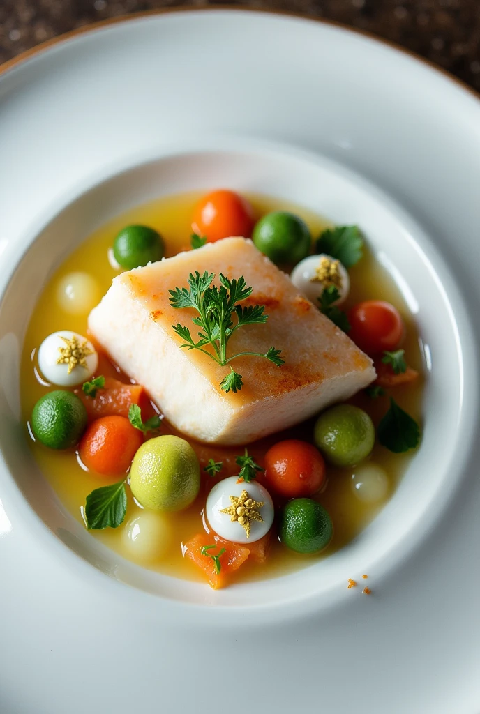 deconstruction of blonde sea bass ceviche with lime curd, dried fruit praline, Tiger&#39;s milk and cilantro spheres 