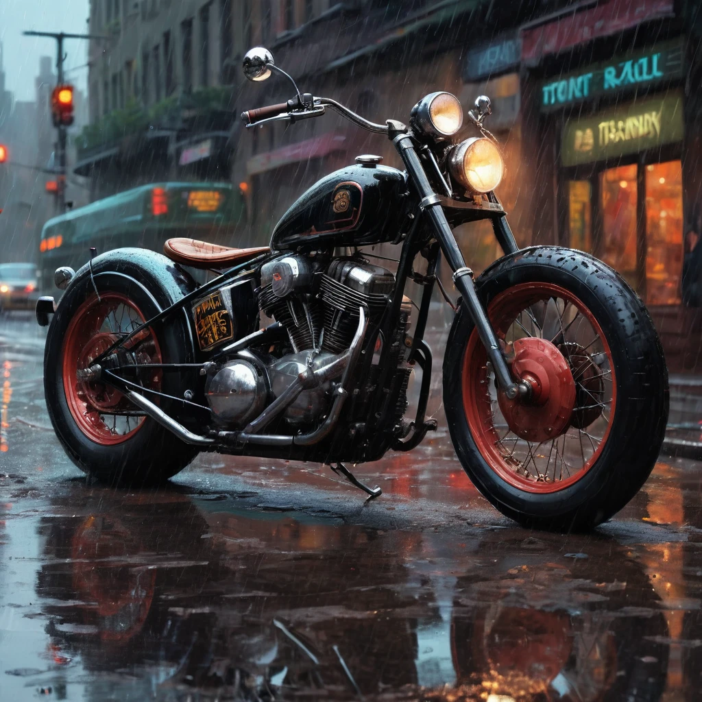 A black chrome sporters 48 bobber style full option dark race but classic bike in the style of sam spratt, historical vintage car, old masters, genndy tartakovsky, soggy, masaccio, a 1990s poster style with rainy details, colorful with vibrant colors, (low-light, breathtaking panoramic:1.3), night newyork city background, rainny, light reflection at the floor, acrilic art paint, acrilic color texture