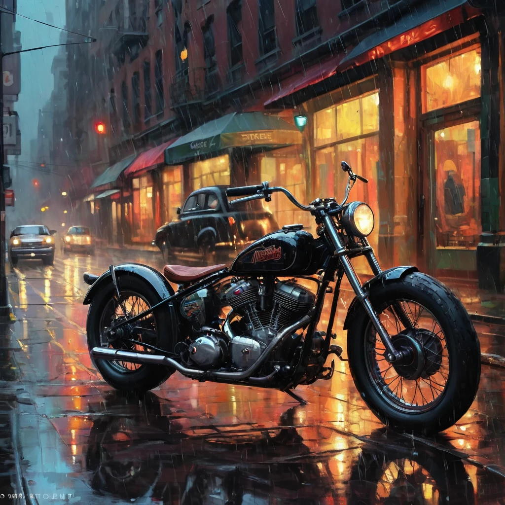 A black chrome sporters 48 bobber style full option dark race but classic bike in the style of sam spratt, historical vintage car, old masters, genndy tartakovsky, soggy, masaccio, a 1990s poster style with rainy details, colorful with vibrant colors, (low-light, breathtaking panoramic:1.3), night newyork city background, rainny, light reflection at the floor, acrilic art paint, acrilic color texture