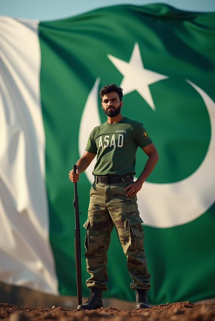 Happy Independence Day 14 August 2024 is written on big flag of Pakistan and a 30-year-old boy is standing in front of him wearing Army  T-shirt, with name "ASAD" written on t shirt, and holding the Pakistani flag in his hand, 
