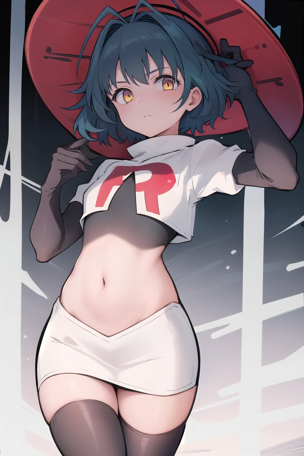 best quality, (masterpiece:1.2), illustration, absurdres, (1girl), (beautiful detailed girl),
Millium Orion, blue hair, short hair, antenna hair, ahoge, yellow eyes,  flat chest,
black hat, headwear,
team rocket,team rocket uniform,white skirt,red letter R,crop top,black thigh-highs,black elbow gloves, 
looking at viewer,