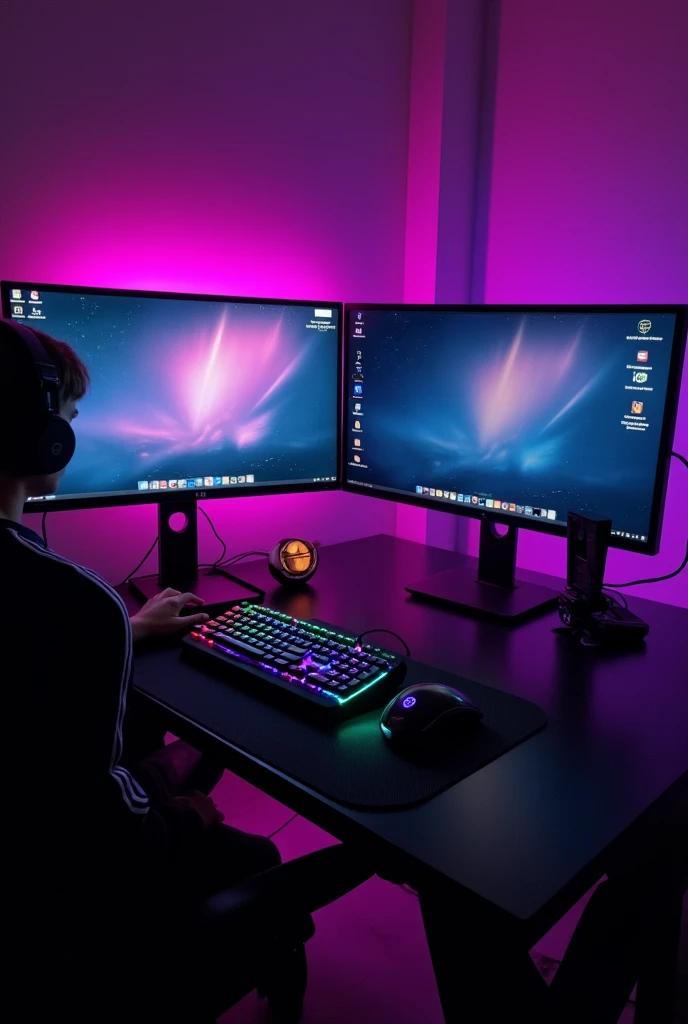 pc gamer, 2 black monitors, gaming keyboard, 1 mouse, headphones, gabinete gamer.
rgb violet.