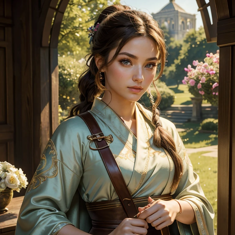 (​masterpiece, best quality:1.5), highest quality, High resolution, super detailed, Realists, Upper body photo of a brunette archer , detailed and beautiful eyes, beautiful detailed lips, very detailed eyes and face, longeyelashes, Archer in silk robe, Noble details on the armor. Beautiful and colorful makeup, ponytail hairstyle, Gardens as background, bright daylight, bright colors, fine brushstrokes, Portrait style, beautiful color palette, glowing skin, First-class rendering, that captures every detail, enchanting atmosphere, (perfect anatomy:1.2), (The stunning archer holds a bow.  (magnificent panorama view:1.2)