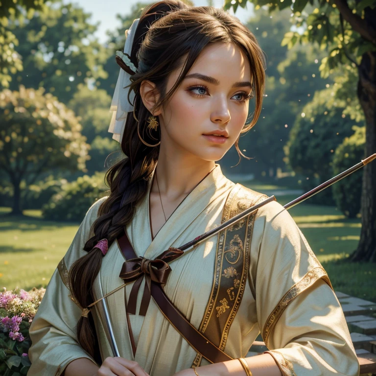 (​masterpiece, best quality:1.5), highest quality, High resolution, super detailed, Realists, Upper body photo of a brunette archer , detailed and beautiful eyes, beautiful detailed lips, very detailed eyes and face, longeyelashes, Archer in silk robe, Noble details on the armor. Beautiful and colorful makeup, ponytail hairstyle, Gardens as background, bright daylight, bright colors, fine brushstrokes, Portrait style, beautiful color palette, glowing skin, First-class rendering, that captures every detail, enchanting atmosphere, (perfect anatomy:1.2), (The stunning archer holds a bow.  (magnificent panorama view:1.2)
