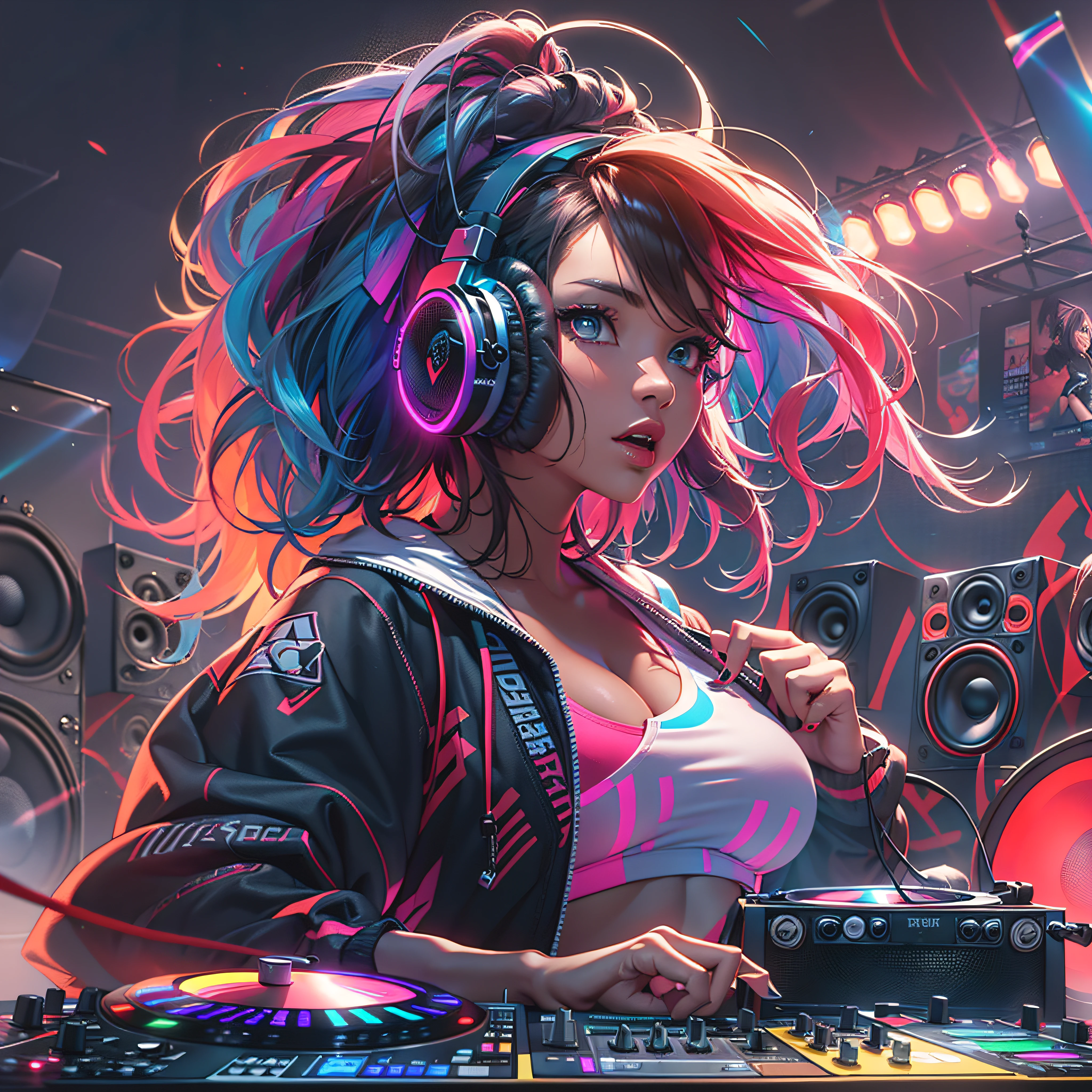 masseter part、superfino、A hyper-realistic、Beautiful female artist in DJ suit with black top and earbuds、dj set、sports、earbuds dj rave, sports, earbuds、dj at a party、rave party with dj、CG Station、(((Huge speaker in the background)))、(((All walls are speakers)))、(colored hair)、shiny hair、inner colored、smoky