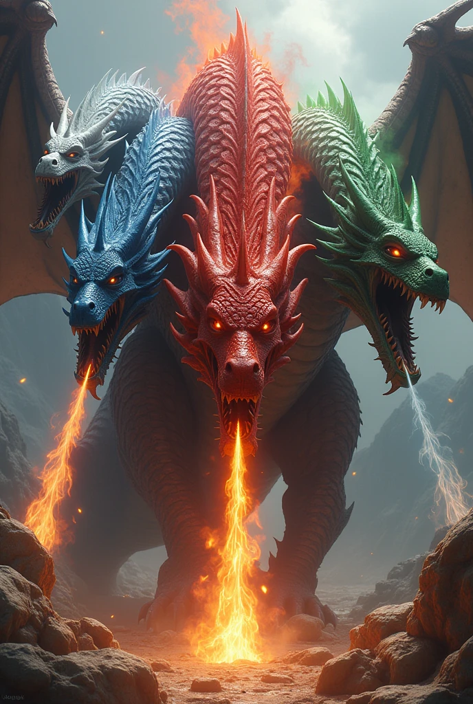 A tiamat dragon with five heads, one of each color, D&D style Hyperrealistic, splash art, concept art, mid shot, intricately detailed.
Red head in the middle, Blue head,Green head, White head and black head.
The dragon must be breathing fire from all his heads
Dnd dragon