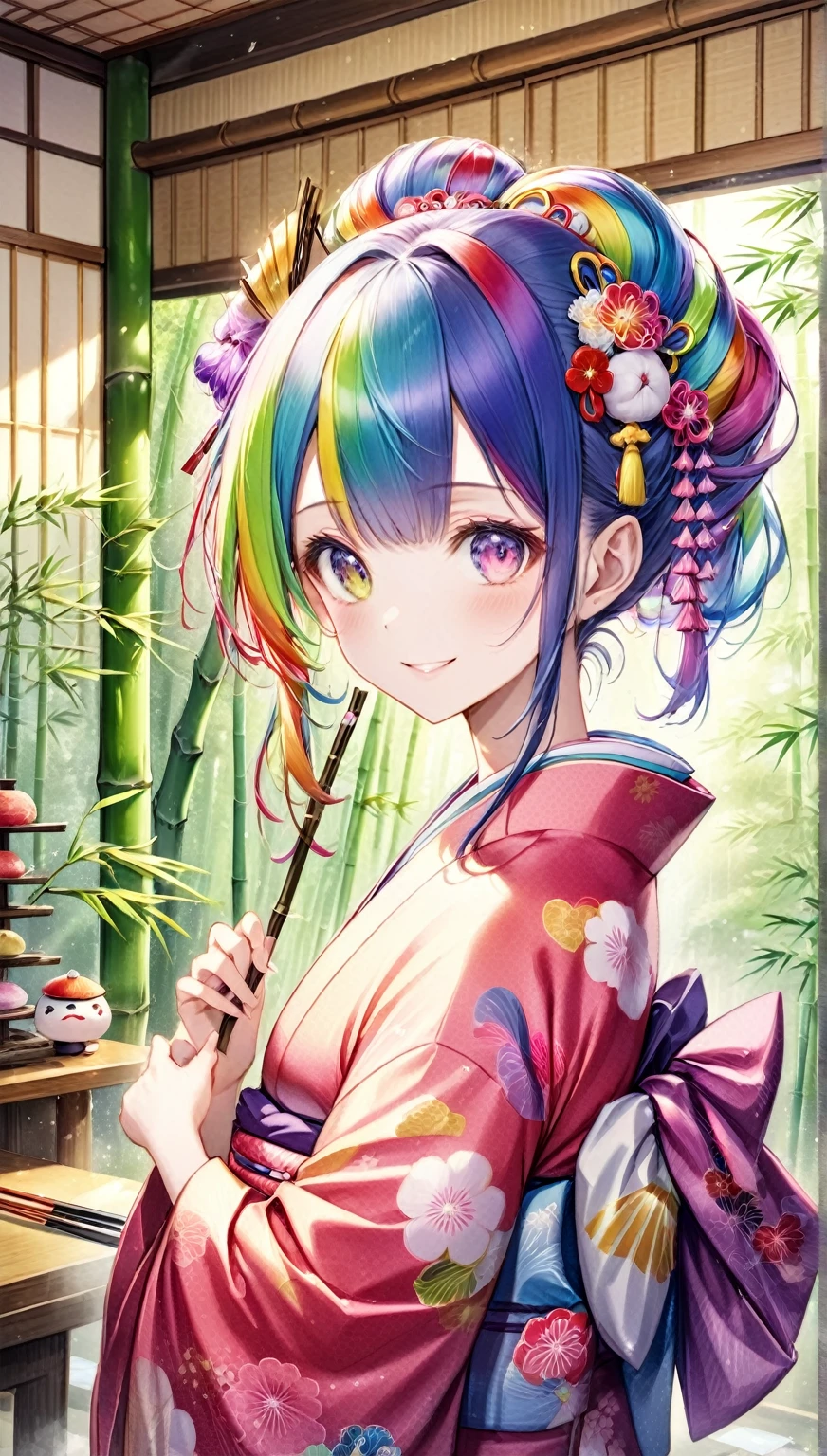 masterpiece、Rainbow Hair、Rainbow Eyes、smile、Delicate eyes、Hair tied up、Beautiful hair ornaments、kimono、Japanese sweets、Japanese-style room、bamboo forest