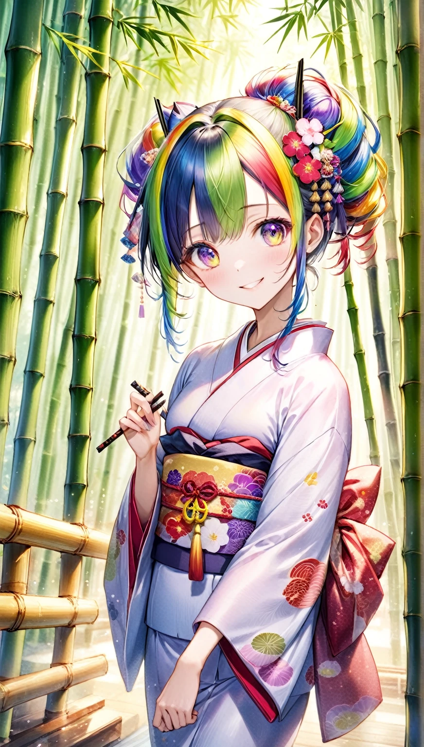 masterpiece、Rainbow Hair、Rainbow Eyes、smile、Delicate eyes、Hair tied up、Beautiful hair ornaments、kimono、Japanese sweets、Japanese-style room、bamboo forest