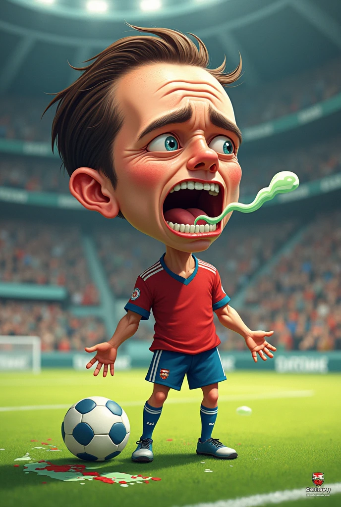 Player with big head vomiting on the field