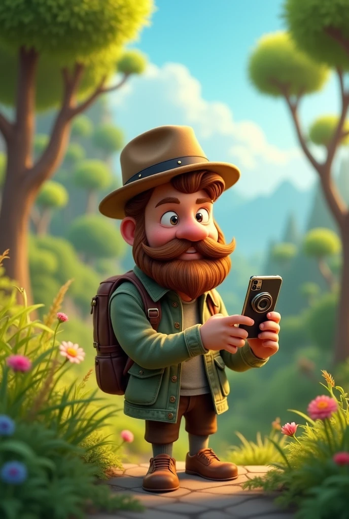 A french cut beard animated man doing photography by his mobile in nature