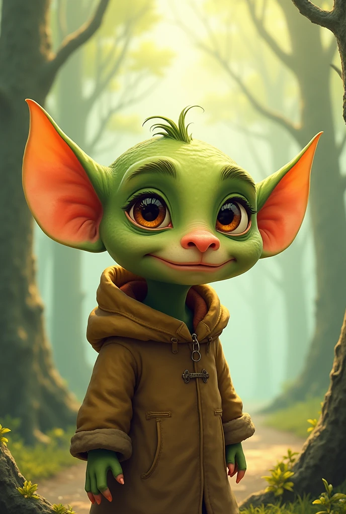 Cartoon drawing of a goblin with brown eyes that expresses that he has a squeaky voice and that he smells like a forest and his skin is soft