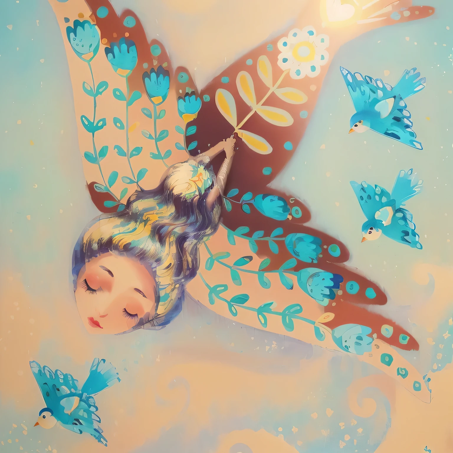 painting of a woman flying with a bird and a birdie, inspired by Laurel Burch, whimsical art, inspired by Pacita Abad, clouds and wings and waves, she is floating in the air, by Pacita Abad, ethereal angelic being of light, dreamy illustration, spreading her wings, dreamy art, illustrated in whimsical style, folkloric illustration