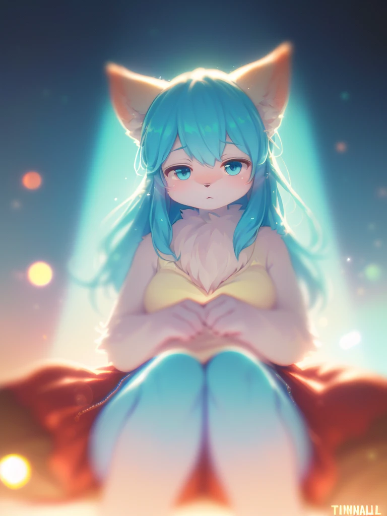 on stomach,lying,on the bed,heart,fantastical,pussy,Pokemon,furry,kemono,cute,non-human, Hairless,Animal body,red fluffy long hair,orange color fluffy body,surprised face,body like a puppy,Gemstone Collars,deformation,smile,