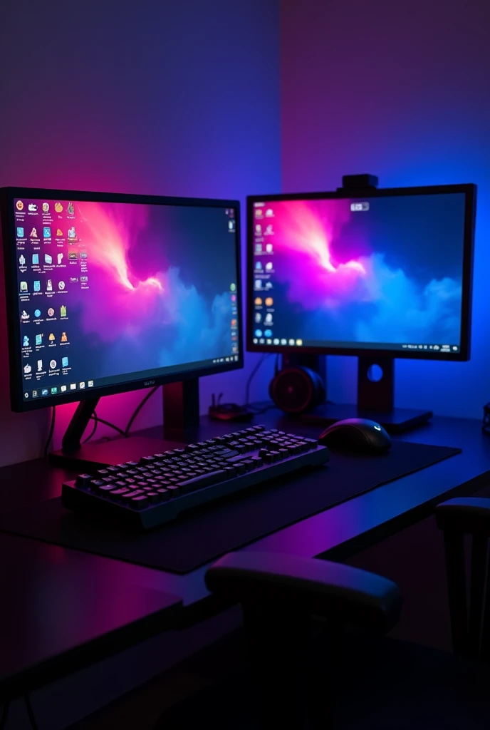 pc gamer, 2 black monitors, gaming keyboard, 1 mouse, headphones, gabinete gamer.
RGB Violet and Blue.