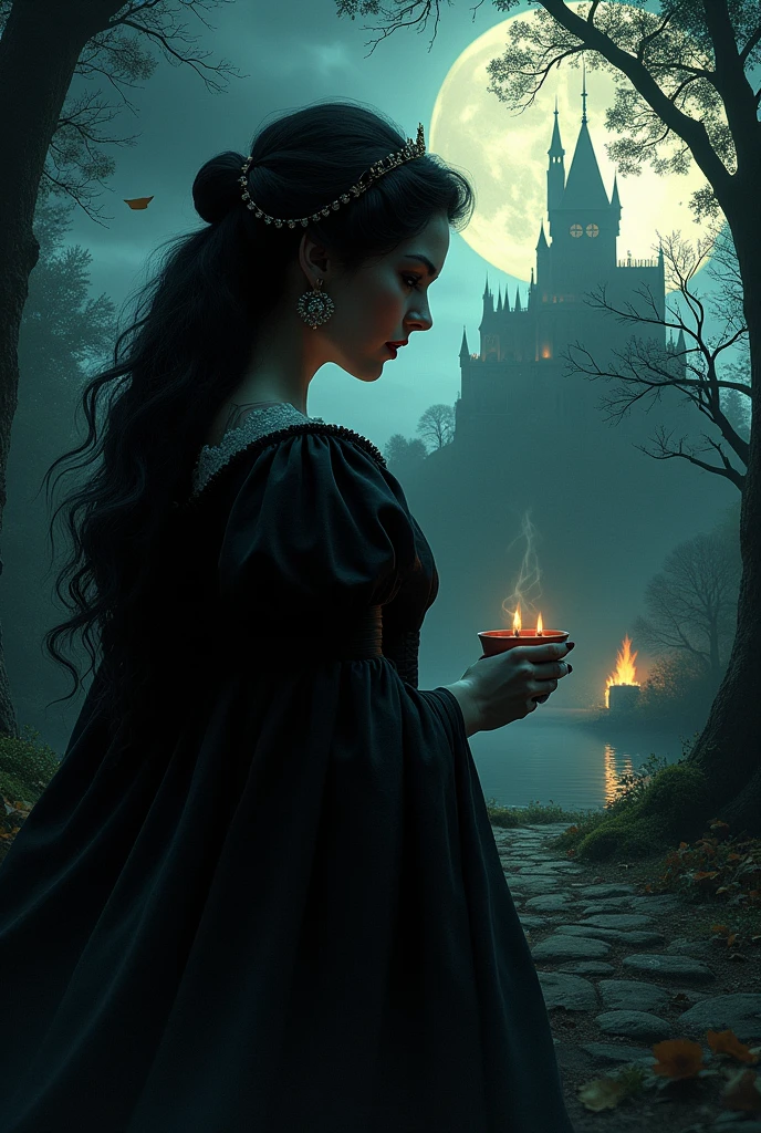 Clear, Here's a breakdown of the story "La Oscura Traición de Snow White" with a prompt for images for every two paragraphs:
---
**1. First paragraphs: Introduction and the evil queen**
**Text:**
In a distant kingdom, surrounded by shadows and mystery, vivía una joven llamada Snow White. Her beauty was known throughout the country., but so was the envy of her stepmother, The evil queen. every day, The queen looked in the mirror, waiting to hear the words that fed his ego: "mirror, little mirror, Who is the most beautiful in this kingdom??" but one day, The mirror responded with a disturbing truth: "Snow White, more beautiful than you."
Consumed by anger and jealousy, la reina decidió que debía deshacerse de Snow White. A cold night, He sent a hunter to carry out his sinister order.. However, The hunter, al encontrar a la dulce Snow White en el bosque, could not hurt him. Instead of that, He told him the truth and warned him that he should flee..
**Image prompt:**
A dark and mysterious kingdom at dusk, with a castle on top of a hill. Spotlight, an evil queen looking at herself in a mirror, with an expression of anger and envy, y reflejando a una hermosa Snow White al fondo, surrounded by trees in the forest.
---
**2. Meeting in the forest and the dwarves' cabin**
**Text:**
scared, Snow White se internó más en el bosque, where he found a cabin hidden among the trees. There lived seven dwarves, who welcomed her kindly and offered her shelter. But the queen would not rest until she was done with her..
The next day, dressed as an old woman, la reina se acercó a la cabaña y le ofreció a Snow White una manzana envenenada. Ignoring the warnings of the dwarves, Snow White mordió la fruta y cayó en un profundo sueño, Trapped in a nightmare of shadows and whispers.
**Image prompt:**
Snow White encontrando la cabaña de los enanitos, with a cozy atmosphere, wooden decorations and a fire