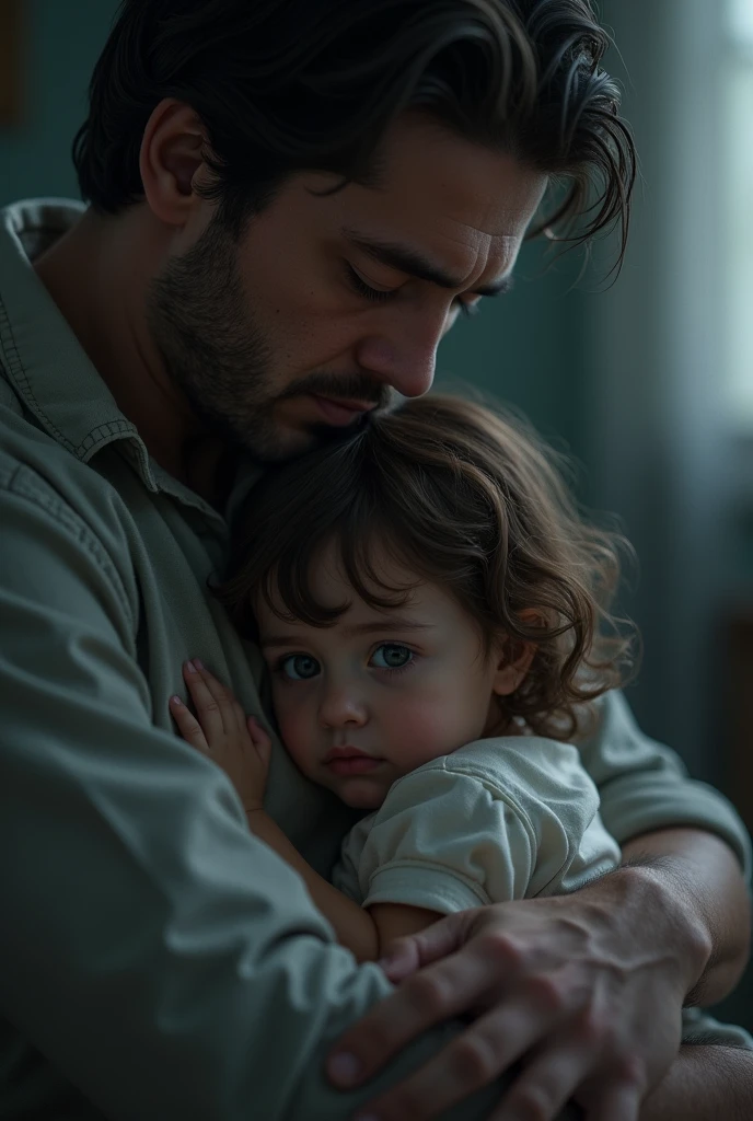 Three-year-old brown-haired girl in the arms of her father who watches his wife die