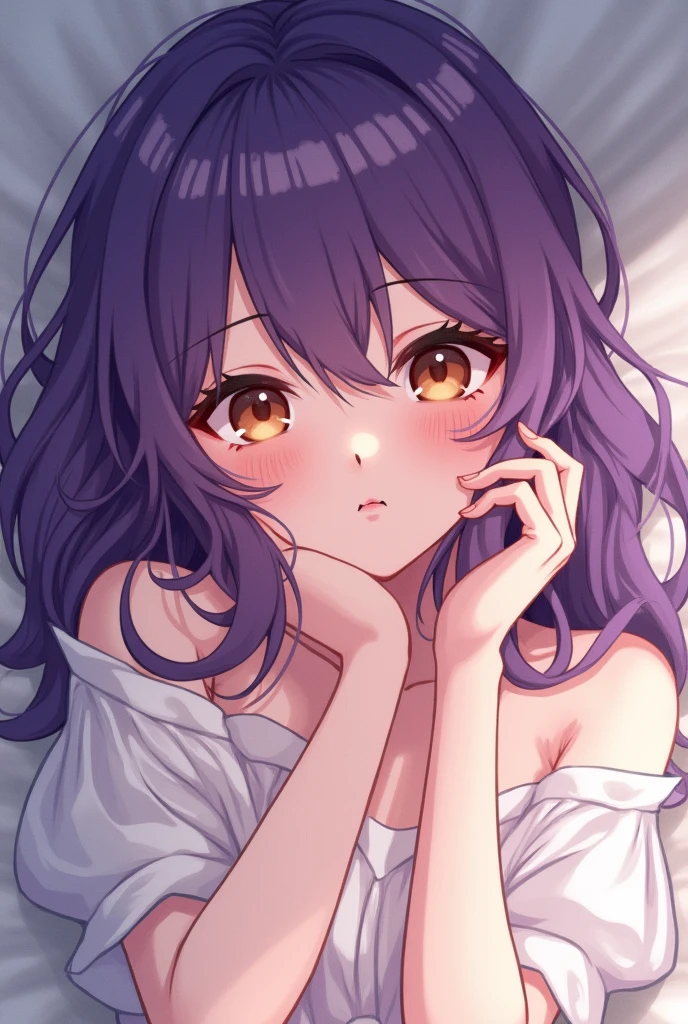 Young woman manga heart purple hair mid-length wavy brown eyes heart tattoo on cheek lying down 