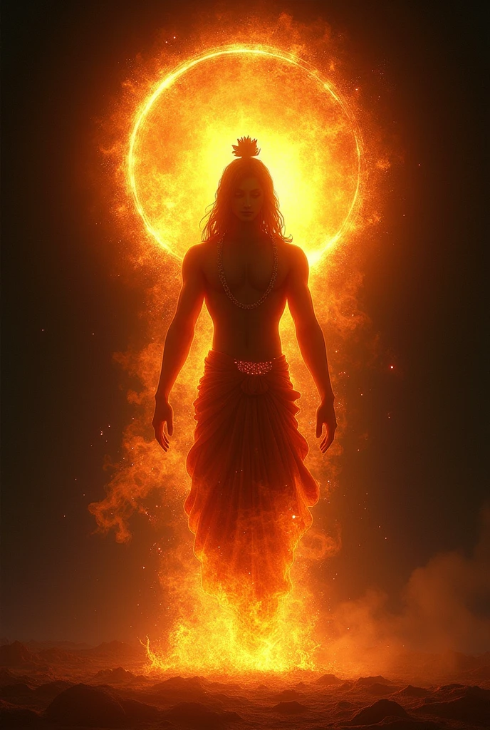 Krishna in black background. His body radiates sun aura. No face. Only outer line of the body made by flame aura.