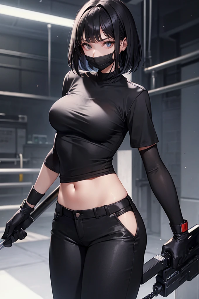 Beautiful, tall, slender, large breasts, 20 year old woman, short bangs, black hair, black t-shirt, black pants, black face mask, black surgical gloves.