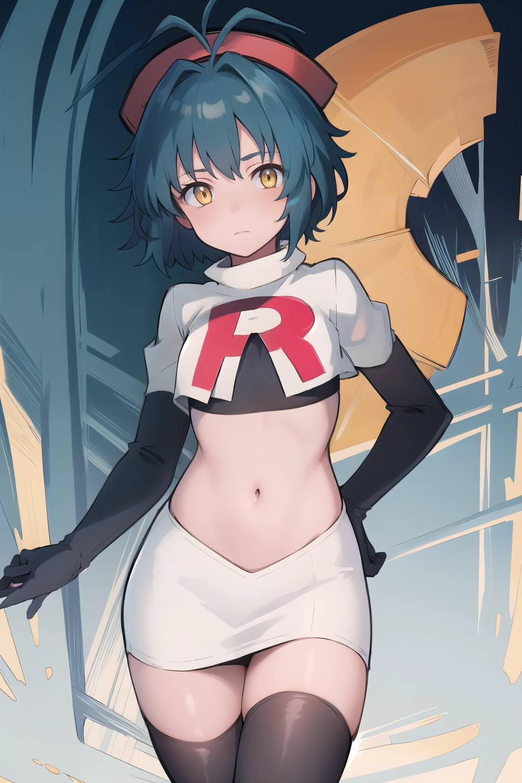 best quality, (masterpiece:1.2), illustration, absurdres, (1girl), (beautiful detailed girl),
Millium Orion, blue hair, short hair, antenna hair, ahoge, yellow eyes,  flat chest,
black hat, headwear,
team rocket,team rocket uniform,white skirt,red letter R,crop top,black thigh-highs,black elbow gloves, 
looking at viewer,