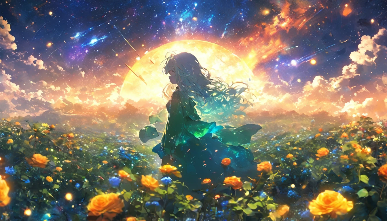 masterpiece, Concept Art, Panorama, in the center, shape, Wide Shot, garden, night, (meteor), Space galaxy background, (Great composition, Epic Scale), Dynamic Lighting, Bright colors, Blue rose,Landscape Long Eyelashes, Round eyes, Silver Hair, Half-closed eyes, sad, Cast a Shadow, Anaglyph, Stereogram, tachi-e, Atmospheric perspective, Wide Shot, reflected light, 8k, Super Detail, Highest quality, Anatomically correct, green