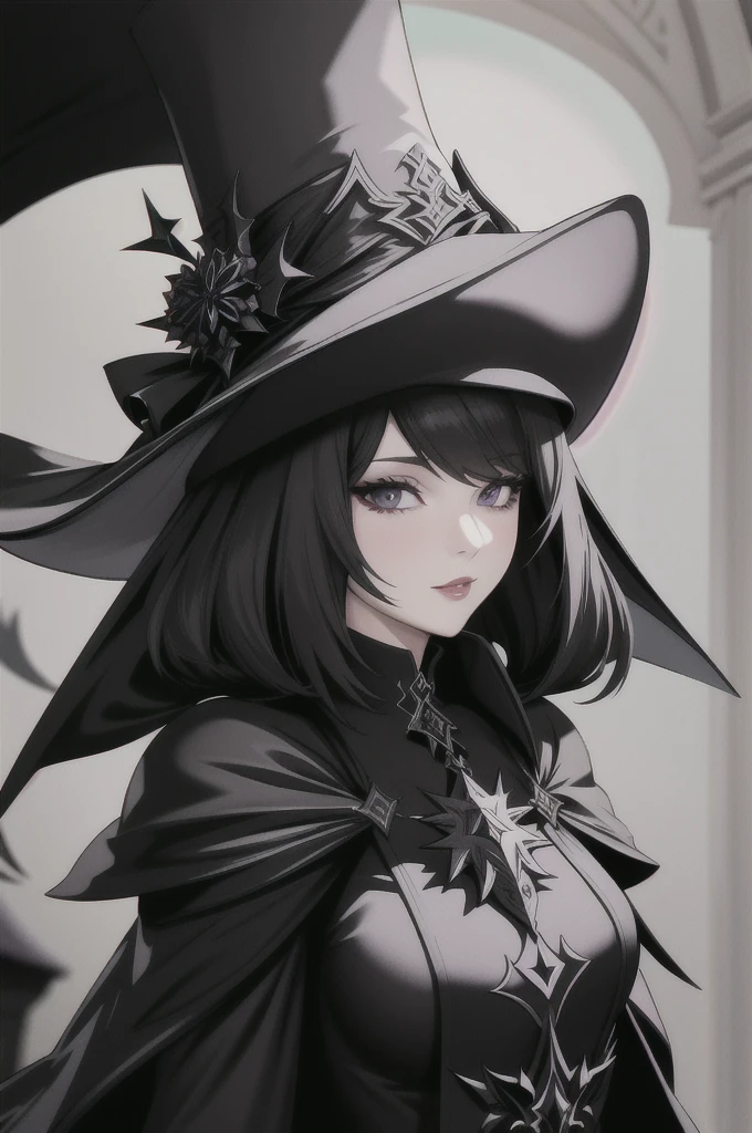((Masterpiece, best quality)), edgQuality,
edgBlkMage, a woman in a black dress and a hat , wearing edgBlkMage