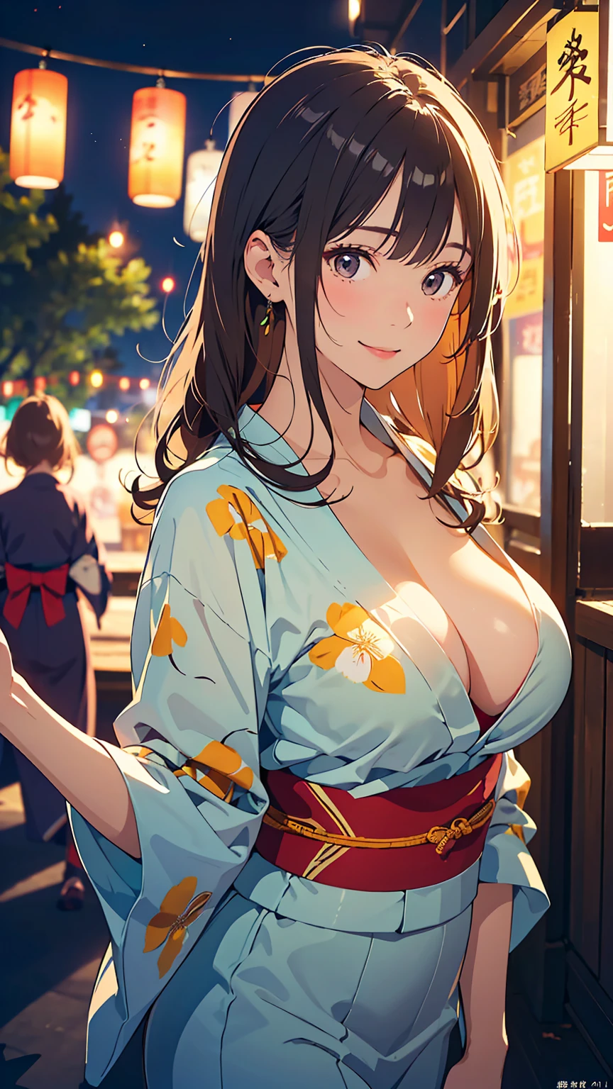 Tabletop, Highest quality, Realistic, In detail, High resolution, 8k wallpaper, Perfect dynamic composition, Beautiful attention to detail, (Shiny Hair, Medium Hair, Wavy Hair), Roll Up Hair, (natural large breasts:1.8),Cute pose, (yukata, yukata, White, Pale Green), smile, 23 years old, (Droopy Eyes), Adult Beauty, Japanese, ((Seduce, Intimate Relationships)), night, Summer festival, looking at shops,profile,Women enjoying the festival, Shooting,