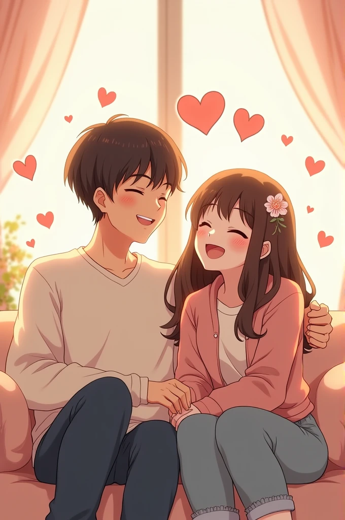 Two cute married beutiful couple sitting with each other and smile lots of love emoji (realistic) in anime