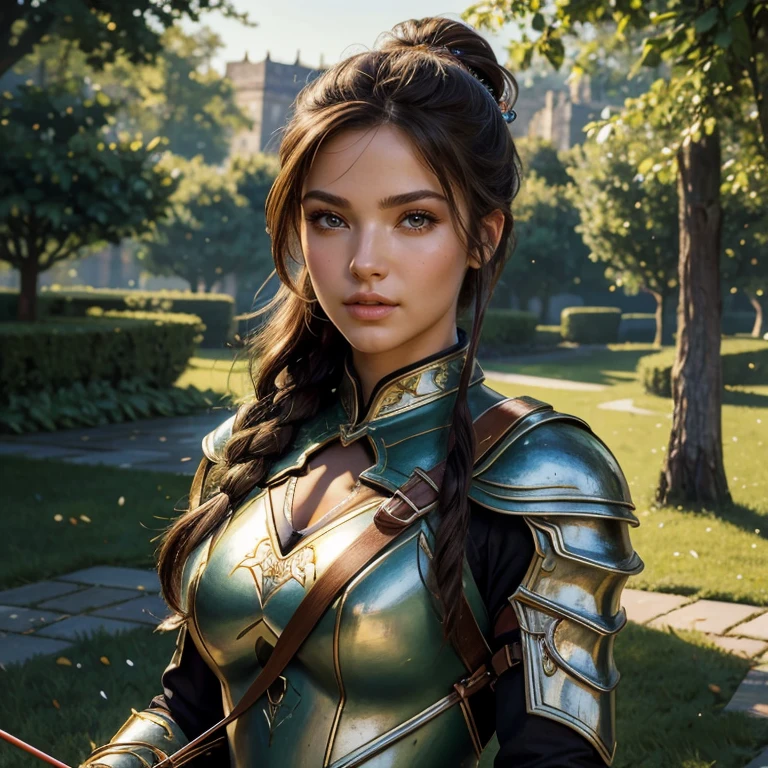 (masterpiece, best quality:1.5), highest quality, High resolution, super detailed, Realists, Upper body photo of a brunette archer , detailed and beautiful eyes, beautiful detailed lips, very detailed eyes and face, longeyelashes, Archer in light armor, Noble details on the armor. Beautiful and colorful makeup, ponytail hairstyle, Gardens as background, bright daylight, bright colors, fine brushstrokes, Portrait style, beautiful color palette, glowing skin, First-class rendering, that captures every detail, enchanting atmosphere, (perfect anatomy:1.2), (The stunning archer holds a bow. (magnificent panorama view:1.2)