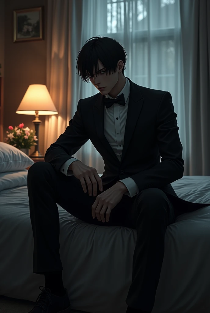 (photorealism:1.2), dark aura anime man, sitting on bed, wearing tuxedo, indoors, dark lighting,  cozy room, relaxed pose, realistic, intricate details by Greg Rutkowski, by Alphonse Mucha