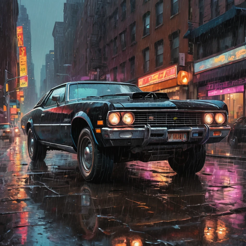 A black chrome transformer robot car in the style of sam spratt, historical vintage car, old masters, genndy tartakovsky, soggy, masaccio, a 1990s poster style with rainy  details, colorful with vibrant colors, (low-light, breathtaking panoramic:1.3), night newyork city background, rainny, light reflection at the floor, acrilic art paint